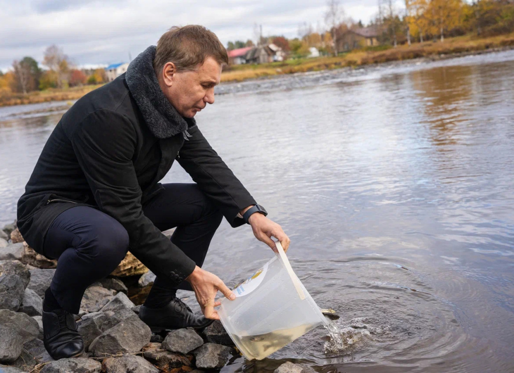 Зубарев Игорь Дмитриевич участвует в зарыблении водоема — сенатор поддерживает восстановление рыбных ресурсов карельских рек